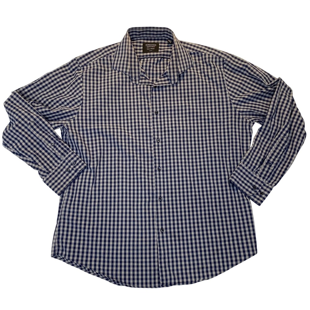 Nordstrom Tech Smart‎ Dress Shirt Mens 16.5 32/33 Trim Fit Blue Check Stretch